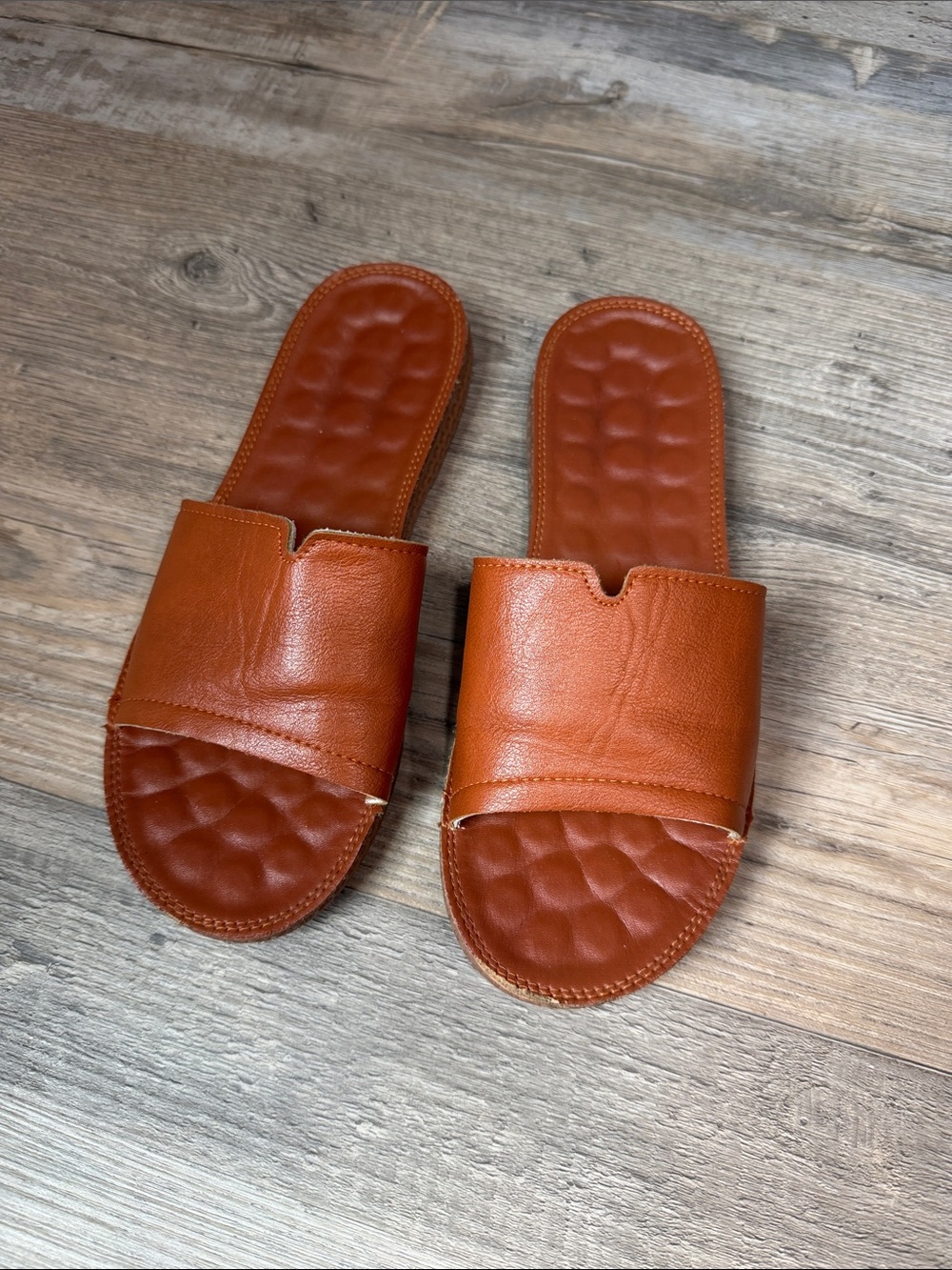 Leather Slip-On Slide Sandals in Cognac